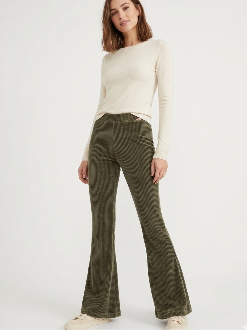 Aerie Groove-On Ribbed Corduroy Velour Flare Pants Olive Green Size M Regular